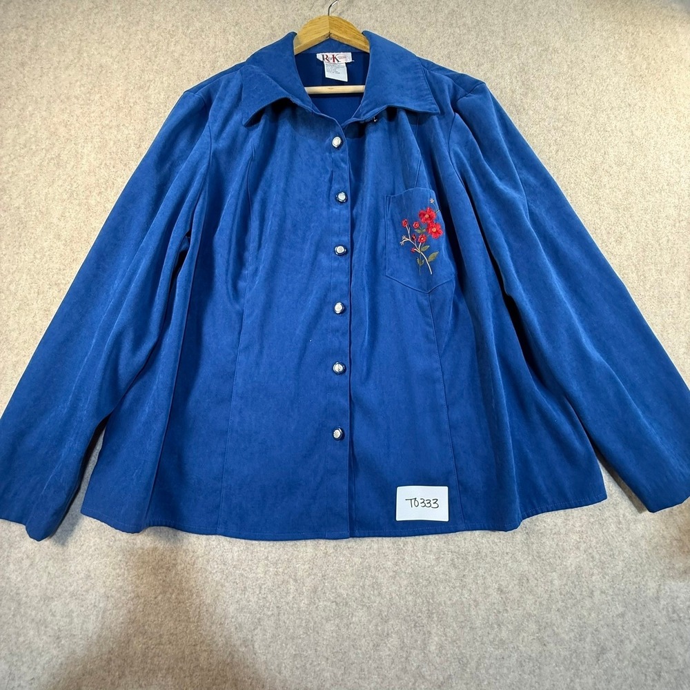 R&K Original Woman Blue Faux Suede Button Front Blouse‎ Floral Embroidered 18W